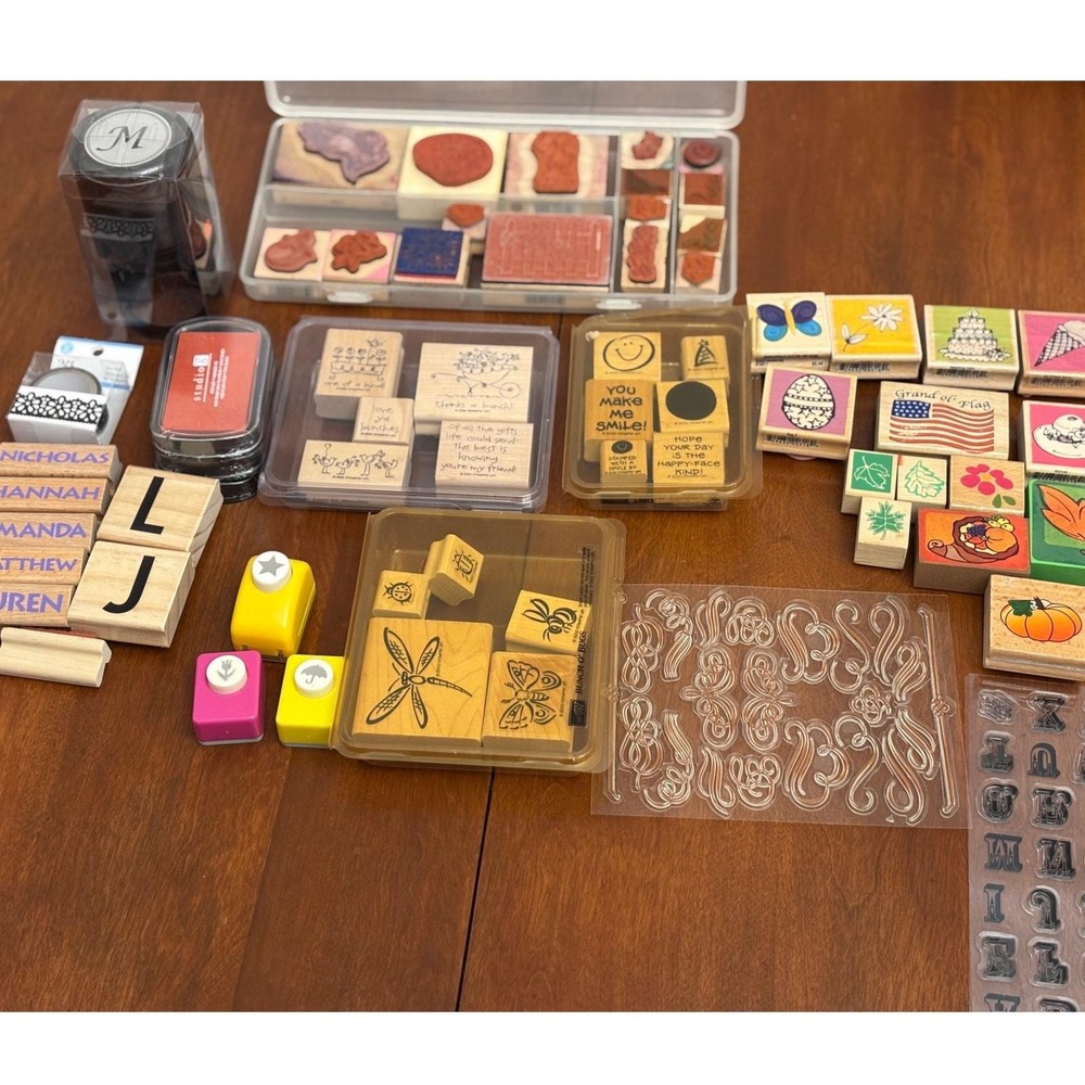 Teacher School lot of 50+ Rubber wood Stamps Alphabet Names seasonal designs ink